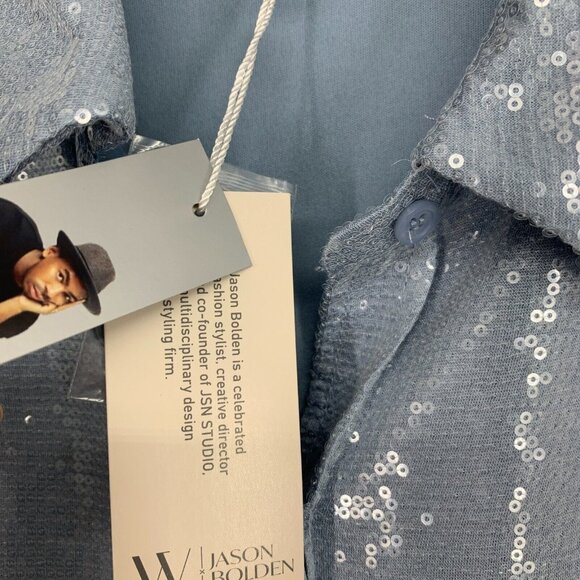 Worthington x Jason Bolden Top Blue Sequin Button Down Long Sleeve - Picture 6 of 11